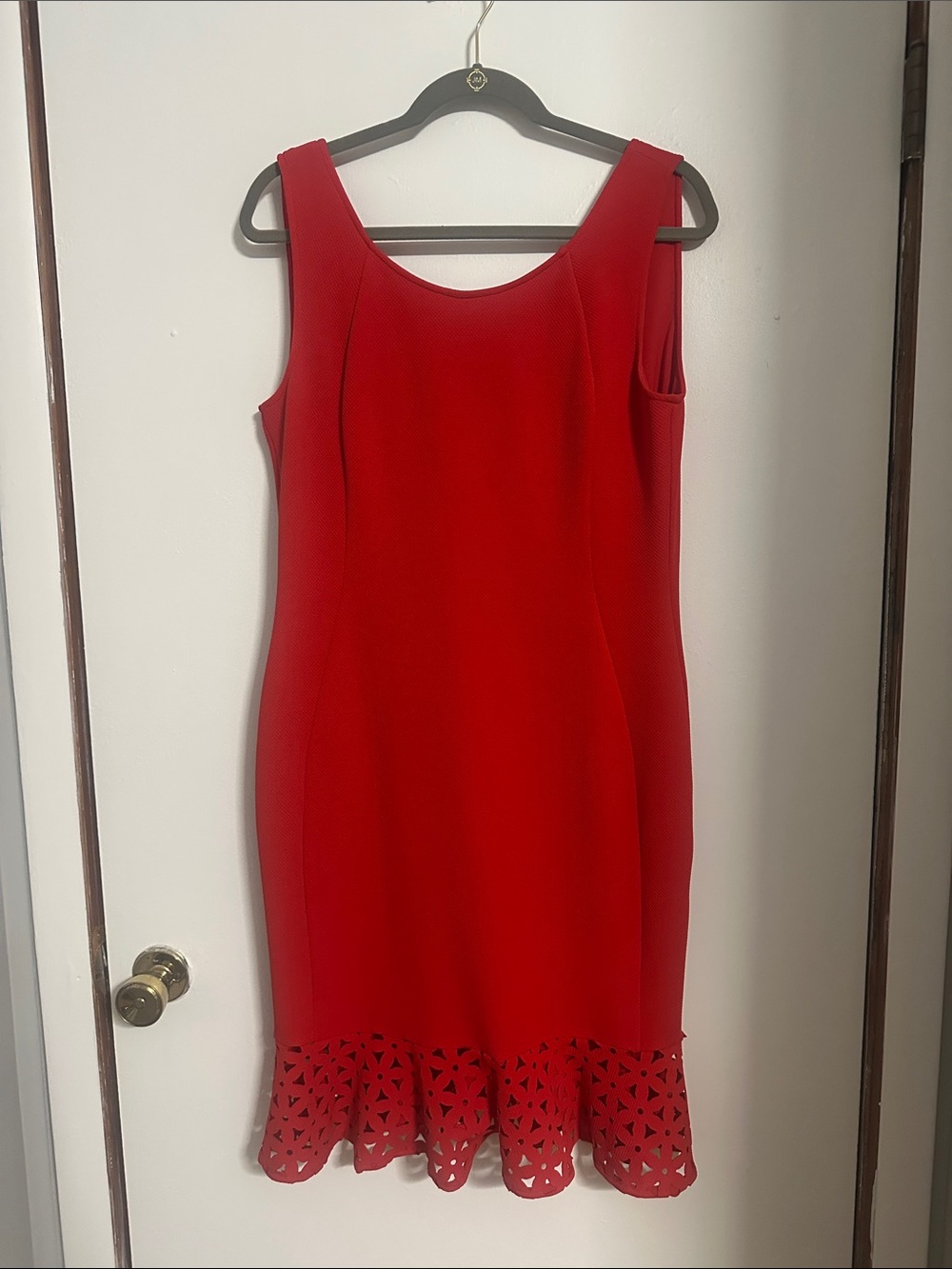 Joseph Ribkoff Red Sleeveless Midi Dress with Laser-Cut Hem